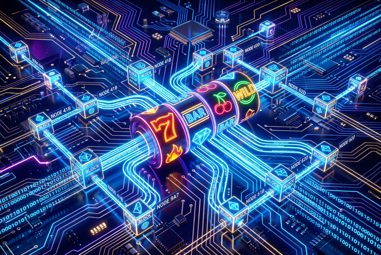 Abstract representation of blockchain nodes and slot machine symbols with neon circuit patterns
