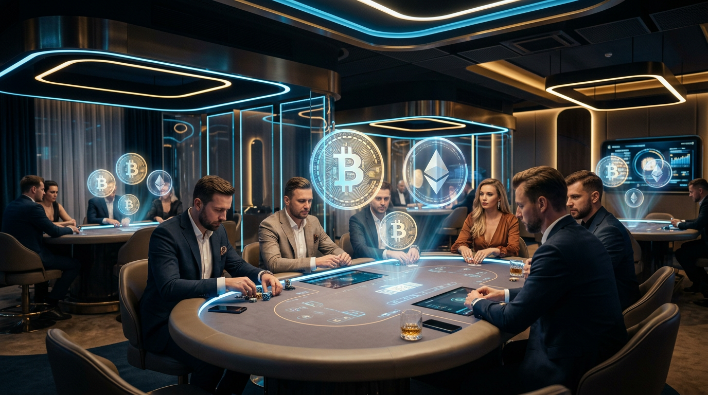 Futuristic Bitcoin casino with holographic cryptocurrency symbols and modern gaming interface