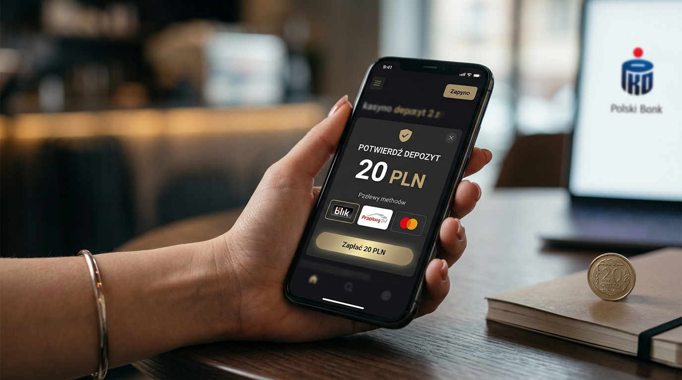 Futurystyczny interfejs kasyna online z symbolem depozytu 20 PLN