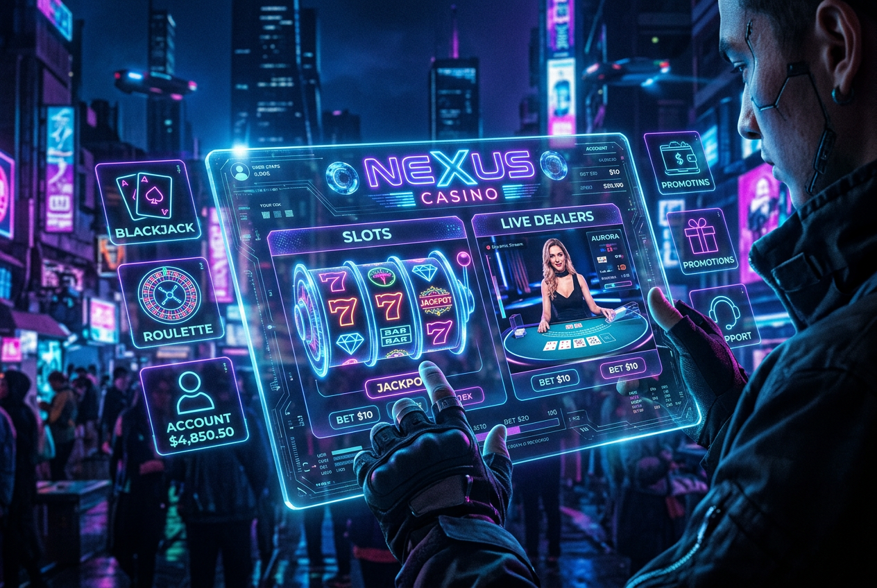 Futurystyczny interfejs kasyna online na tablecie z holograficznymi ikonami i estetyką cyberpunk