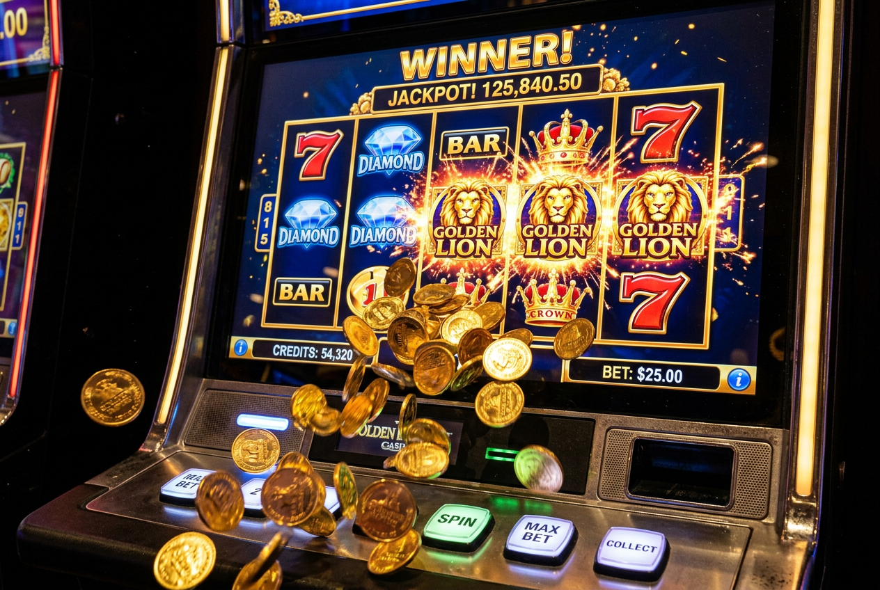 Zbliżenie na nowoczesny slot wideo z mechaniką kaskadową i efektami 3D