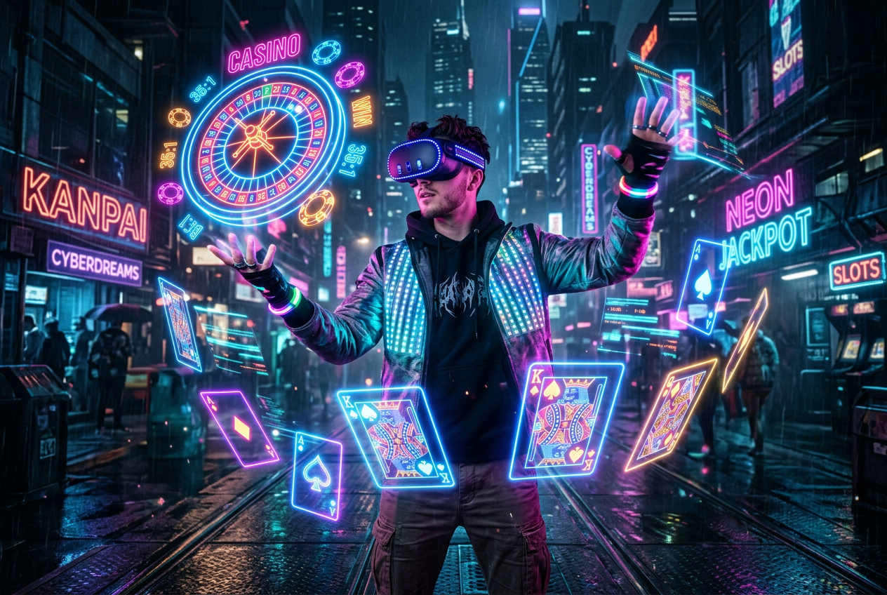 Młoda osoba w goglach VR w futurystycznym kasynie online z hologramami kart i ruletki